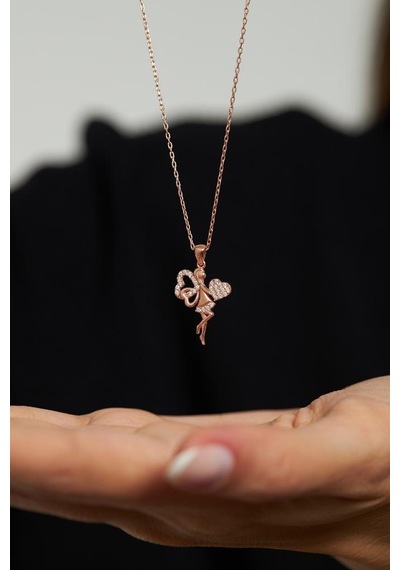 Zirkon Taşlı Rose Kalpli Aşk Perisi Gümüş Kolye