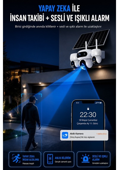 SIM-5874 Çift Solar Panelli 4G SIM Kartlı 3 Lensli PTZ Akıllı Dış Mekan Güvenlik Kamerası HD IP Kamera + 128 GB Hafıza Kartı Dahil