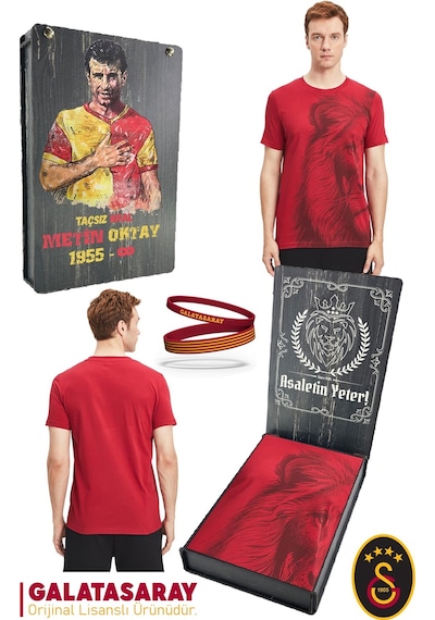 Galatasaray Lisanslı Aslan Baskılı T-shirt + Bileklik Set Ahşap Kutulu 105 Kırmızı