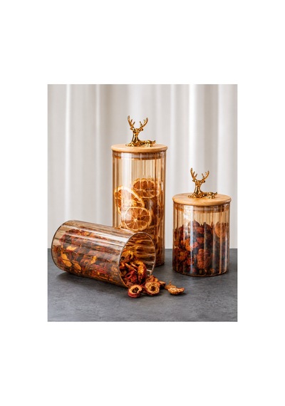 3'lü Bambu Geyik Kapaklı Vakumlu Borosilikat Set Cam 1100ml-950ml-780ml Bordo