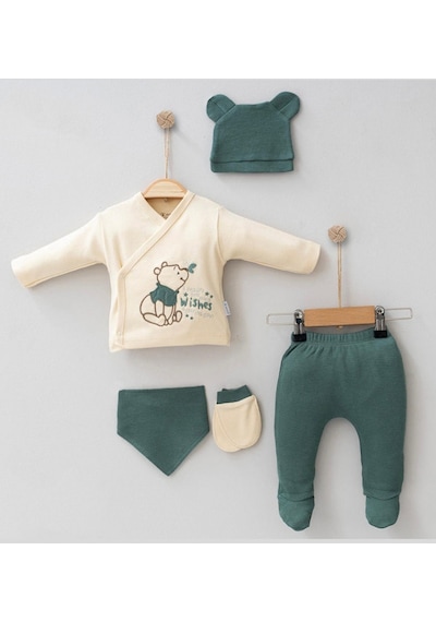 Modam Bebek Winnie Pooh Desenli Erkek Bebek Hastane Çıkışı Takım 5'li Zıbın Seti 0-3 Ay Kahve