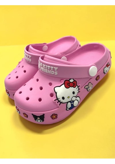 Ellaboni Kız Çocuk Pembe Kitty Kromi Figürlü Kaymaz Taban Terlik Havuz Plaj Deniz Sandaleti