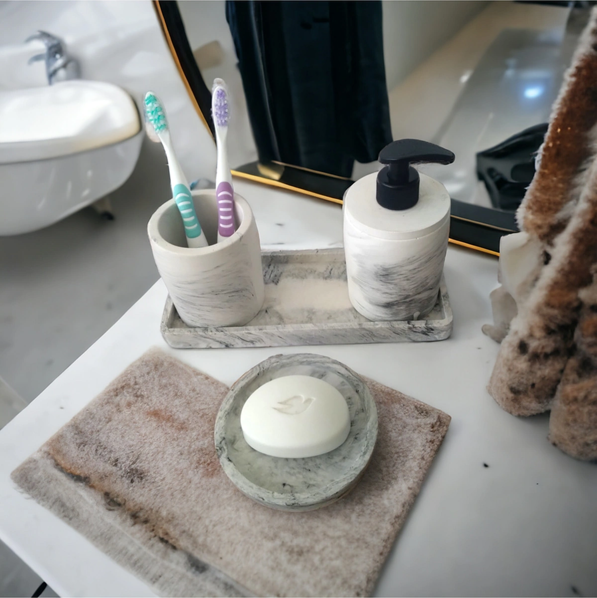 Marble 4'lü Banyo Seti, Sıvı Sabunluk Diş Fırçalığı Beton Aksesuar Takım Gri