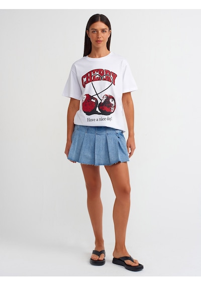 Dilvin Baskılı Ve Pamuklu T-shirt Beyaz