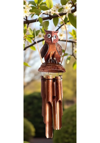 El Yapımı Doğal Ahşap & Coconut Baykuş Tasarımlı Rüzgar Çanı 90cm Balkon Bahçe Dekoru Hediyelik Ürün 60 Cm