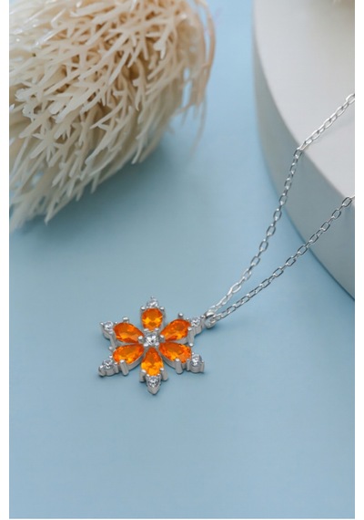 Çekirdekjewelry 925 Ayar Gümüş Turuncu Taşlı Çiçek Kolye Gri