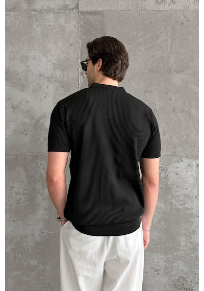 Erkek Petek Desen Polo Yaka Triko T-shirt Siyah