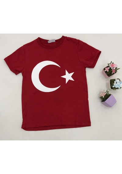 Pretty Unisex Çocuk Kırmızı Ay Yıldız Baskılı T-shirt KIrmızı