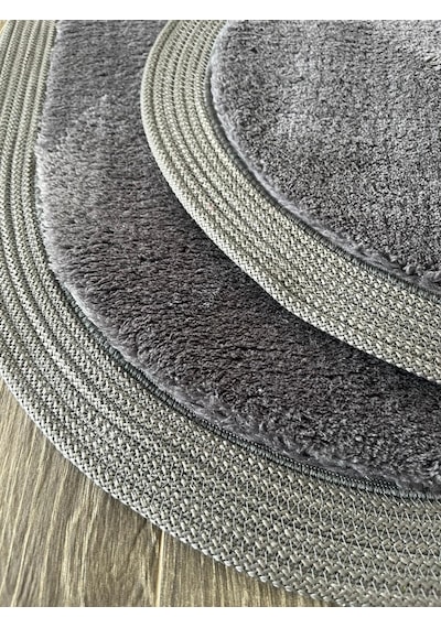 Melena Carpet Premium Kaymaz Taban Peluş Banyo Paspası Seti Jüt Kenar Detaylı 2 Li Oval Yuvarlak 100x60 60x60 Antrasit