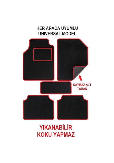 Oto Motto Universal Oto Halı Paspas Kaymaz Tabanlı Araba Paspası Kırmızı Kenarlı 5 Parça