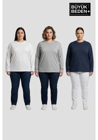 Süperlife Kadın Büyük Beden 3'lü Set Uzun Kollu 2 İplik Bisiklet Yaka Tişört Spr26bts942+2 Whıte-navy-grey Mel Süperlife Kadın Büyük Beden 3'lü Set Uzun Kollu 2 İplik Bisiklet Yaka Tişört Spr26bts942+2 Whıte-navy-grey Mel