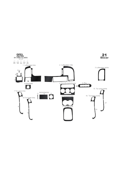 Opel Zafira Torpido Kaplama 1999-2005 21 Parça Siyah Karbon