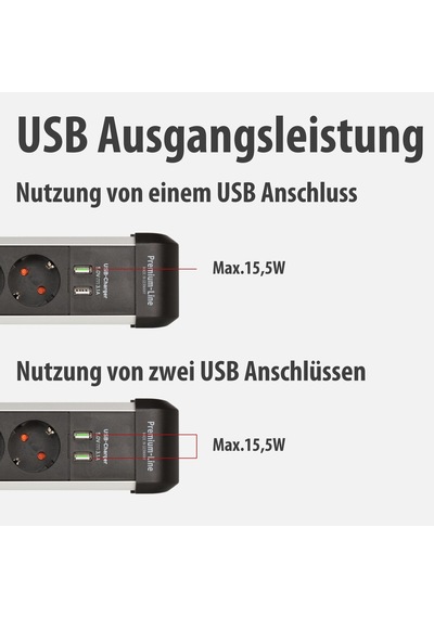 Brennenstuhl Premium-alu-line Çoklu Priz, Usb/çoklu Priz, 6 Bölmeli, Yüksek Kaliteli Alüminyum 3 M Kablolu Ve Şalterli Priz, 2 Bölmeli Usb 3,1 A, Almanya'da Üretilmiştir