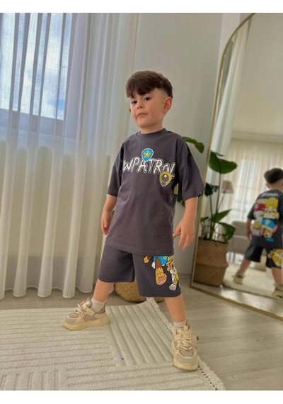 Miniko Kids Erkek Çocuk Paw Petrol Modelli Baskılı Şortlu Pamuk Takım Füme