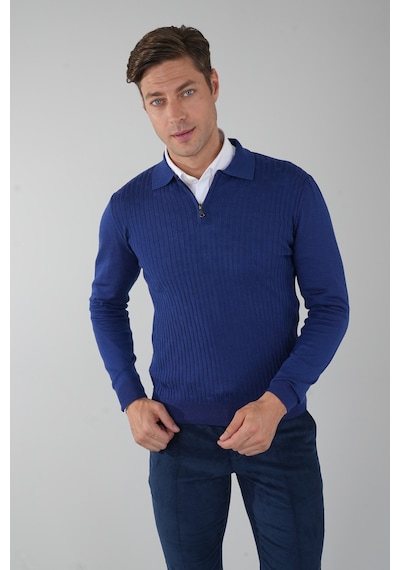 Bisse Indigo Polo Yaka Fermuarlı Ön Jakar Yün Erkek Triko Tr23k23204 D66 Indigo