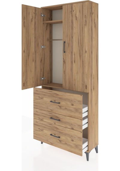 Arges Dolap 2 Raflı 3 Çekmeceli Tek Askılı 88x30x221 Çam-çam Çam