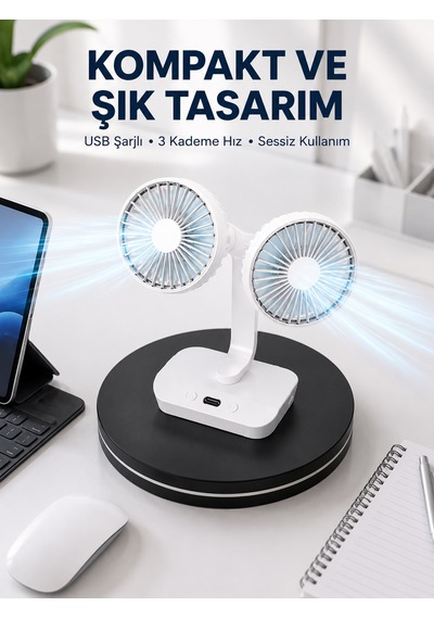 720 Döner Çift Taraflı Masaüstü Vantilatör Usb Şarjlı Sessiz Fan - Bayi Depom