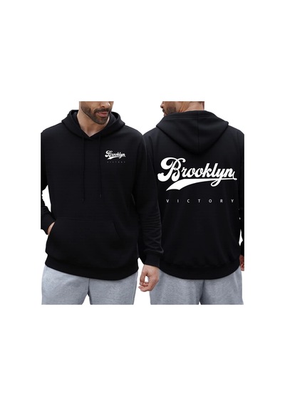 Tarzsokak Brooklyn Victory Logo Baskılı Kapüşonlu Svetşört Erkekler İçin Sonbahar Tüm Maç Kapüşonlular Siyah