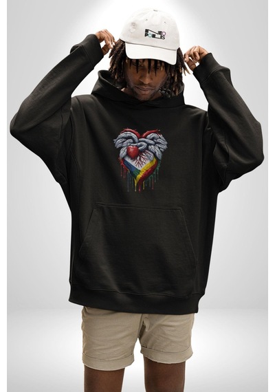 Kalp Damar Renkli Boyalı Kadın Erkek Siyah Kapüşonlu Sweatshirt Hoodie Siyah
