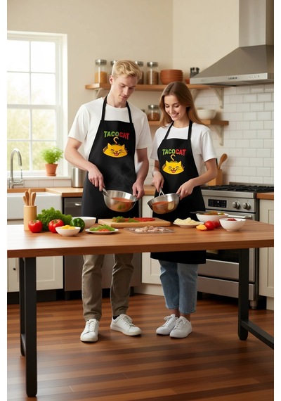 Kadın Unisex Mutfak Aşçı Önlüğü Taco Kedi Baskılı Komik Desenli R Siyah