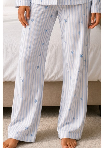 Kadın Uzun Kol Pamuklu Mavi Pijama Takımı