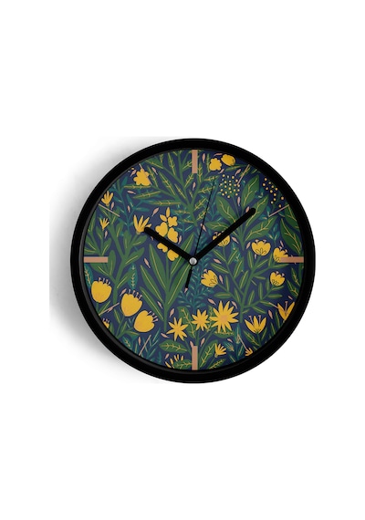 Sarı Çiçek Desenli Botanik Modern Duvar Saati - 25cm - Önü Camlı Siyah Kasa - Sessiz Mekanizma-jh0512 Siyah