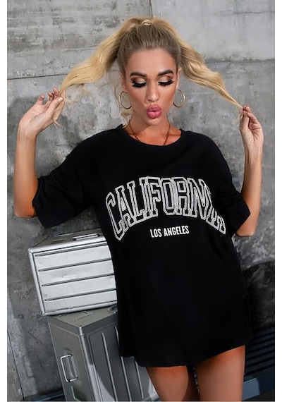 Blackjack Giyim Blackjackgiyim Kadın Siyah Oversize California Los Angeles Baskılı T-shirt Siyah