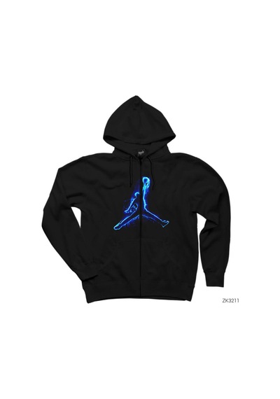 Air Jordan Blue Neon Siyah Fermuarlı Kapşonlu Sweatshirt