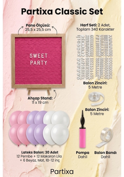 Tatlı Temalı Doğum Günü Süsleme Classic Set Pembe Keçe Yazı Panosu Standlı Pompa Balon Zincirli 1 - 12 Yaş
