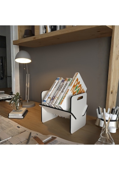 Kitap Standı, Çalışma Masası Organizer, Dekoratif Dergi Standı, Minimalist Kitaplık. Beyaz