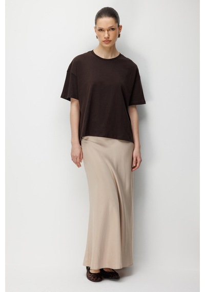 Mixray 4852 Kadın Yırtmaçlı Oversize Basic %100 Pamuk T-shirt Kahve Kahverengi