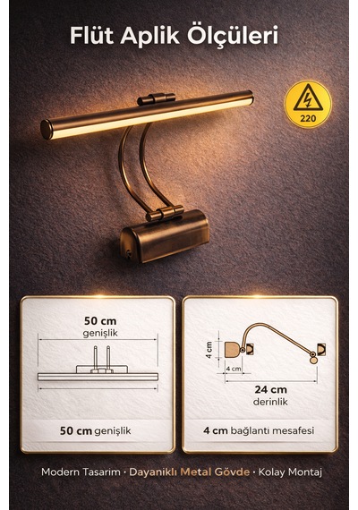 Merwish Flüt Led Aplik 50 Cm Duvar Aydınlatma 6500k Beyaz Işık Kablo Bağlantılı 220v Modern Tasarım Eskitme