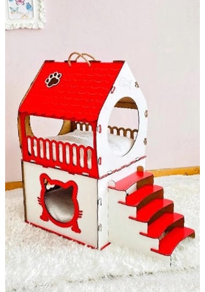Dekoratif Kedi Evi Teraslı Dublex Kırmızı
