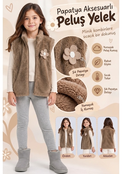 Ahengim Kız Çocuk Peluş Yelek Çiçek Aksesuarlı Fermuarlı Cepsiz Yumuşak Ve Sıcak Tutan Yelek Ak4121 Kahverengi Ahengim Kız Çocuk Peluş Yelek Çiçek Aksesuarlı Fermuarlı Cepsiz Yumuşak Ve Sıcak Tutan Yelek Ak4121 Kahverengi
