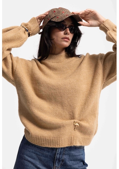 Kadın Vizon W6-111 Oversize Aksesuar Detaylı Tasarım Triko Kazak