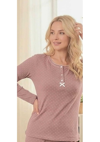 Miss Melina Bambu Pamuk Uzun Kol Kadın Pijama Takımı Puanlı - 9039679107582 Pudra
