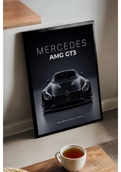 Mercedes Amg Gt3 Siyah Ahşap Çerçeveli Poster, Dekoratif Araba Duvar Tablosu