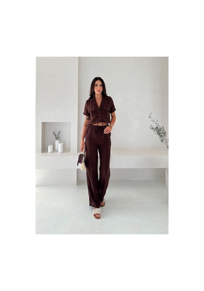Wellway İthal Keten Kumaş İplik Detaylı Crop Gömlek & Pantolon İkili Takım -acı Kahve Kahverengi Wellway İthal Keten Kumaş İplik Detaylı Crop Gömlek & Pantolon İkili Takım -acı Kahve Kahverengi