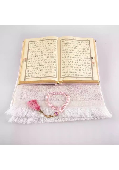 Seccade + Tesbih + Kuran Hediye Seti Orta Boy, Kadife, Pudra Pembe, Lafzatullah