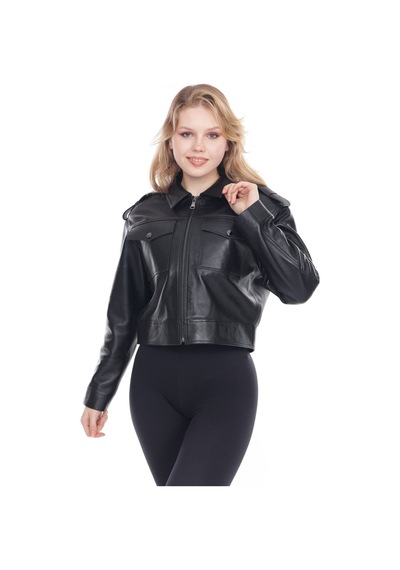 M M Marki Marki Kadın Hakiki Deri Ceket, Gömlek Yaka, Fit Kesim, Crop Model, 1. Sınıf Kalite - 109822 Siyah