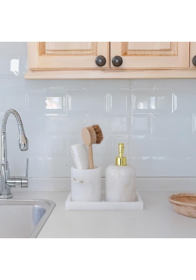 Akayev Mermer Beyaz 3 Parça Banyo Seti Mutfak Sıvı Sabunluk Seti Beyaz