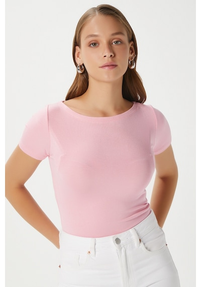 Ritnice Kadın Velvet Kayık Yaka Lux Touch Yumuşak Doku Kısa Kol Pembe Bluz