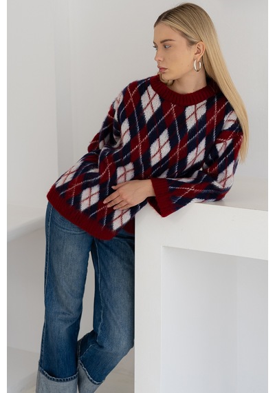 Noa & Noa Kadın Oversize Sardonlu Tiftik Kazak Yumoş Dokulu & Desenli Bordo