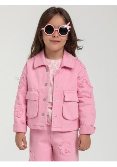 Escabel Kız Çocuk Yıldız İşlemeli Cep Detaylı Tasarım Pembe Kot Ceket-15651 Pembe