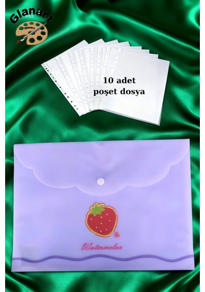 A4 Boy Çıt Çıt Ödev Dosyası +10' Lu Poşet Dosya Pastel Renkler Lila Çilek Desen