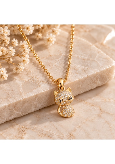 Gold & Gümüş Taşlı Kedi Figürlü Kolye Altın
