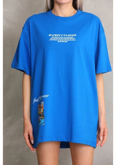 Kadın Bisiklet Yaka Baskılı Oversize T-shirt - Mavi Mavi