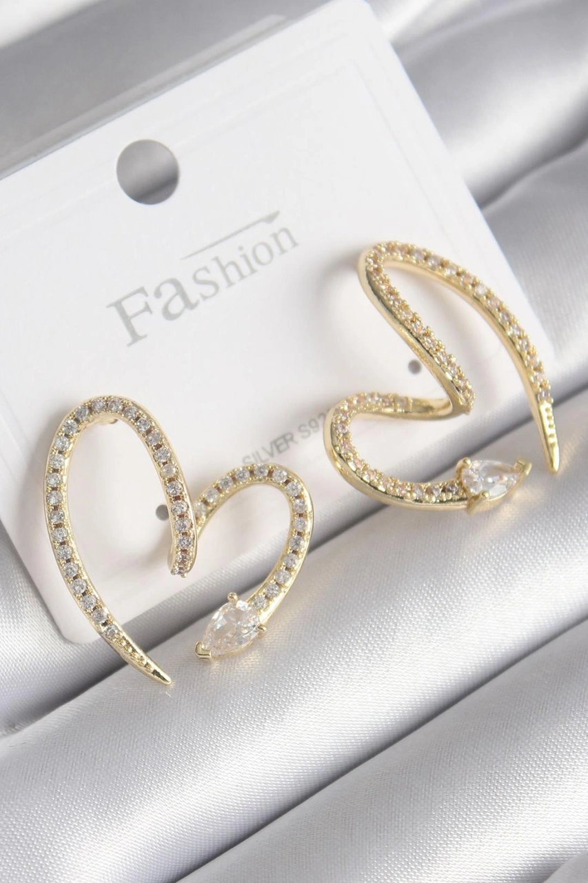 Pirinç Gold Renk Zirkon Taşlı Yılan Kalp Model Kadın Küpe Diğer