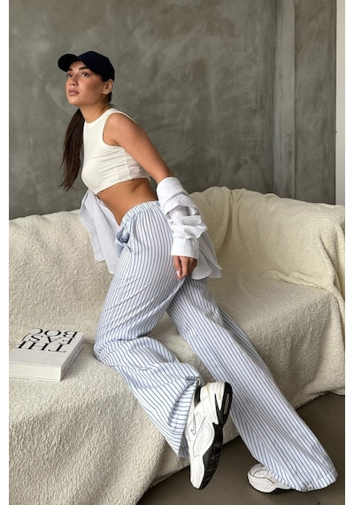 Madmext Mavi Beli Ayarlanabilir Çizgili Cepli Bol Paça Kadın Pantolon Mg2312 Mavi