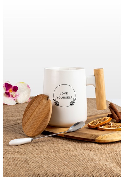 Bambu Kapaklı Kaşıklı Seramik Kupa